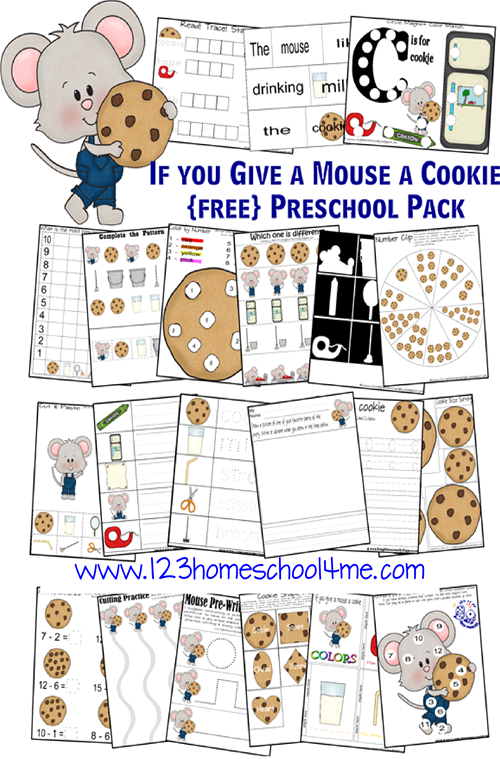 FREE Iif you Give a Mouse a Cookie worksheets for preschool, preK, kindergarten, first grade to help kids learn the letter c, math, pre writing, subtractions, and more.