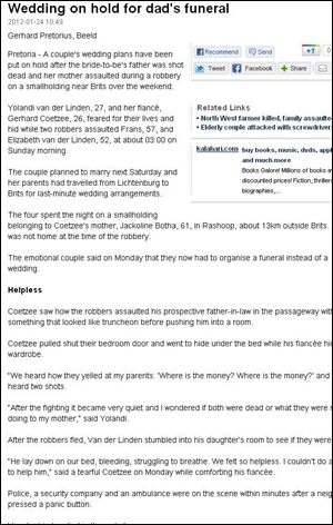 VanDerLinden Frans murdered wife assaulted children Yolandi 27 and fiancee Gerhard Coetzee hid Jan212012 VanDerLinden Frans murdered wife assaulted children Yolandi 27 and fiancee Gerhard Coetzee hid Jan212012