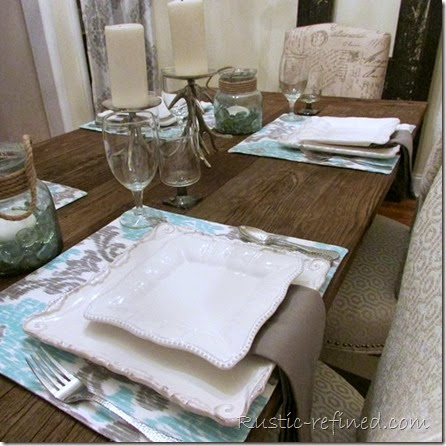 Setting a Beach inspired Tablescape @ Rustic-refined.com This tablescape was inspired by the temperatures outside. Using cool colors of water and a cold grey sky, I set a modern yet beachy table
