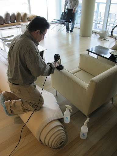 A special industrial blow dryer is used to dry the fabric after the solvent has been applied so that no damage occurs. A special industrial blow dryer is used to dry the fabric after the solvent has been applied so that no damage occurs.