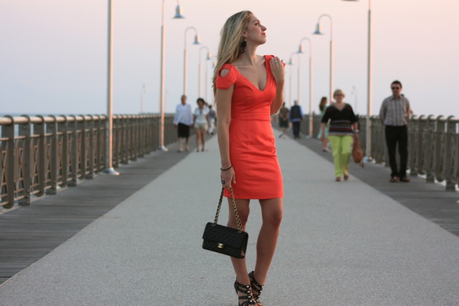 lipsy orange dress, jimmy choo for h&m shoes