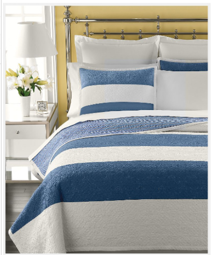 Blue stripes are the classic bedspread choice for beach homes. Martha Stewart Collection. (macys.com) Blue stripes are the classic bedspread choice for beach homes. Martha Stewart Collection. (macys.com)