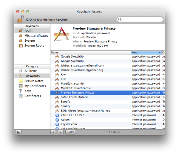 Copying Preview signatures password from keychain
