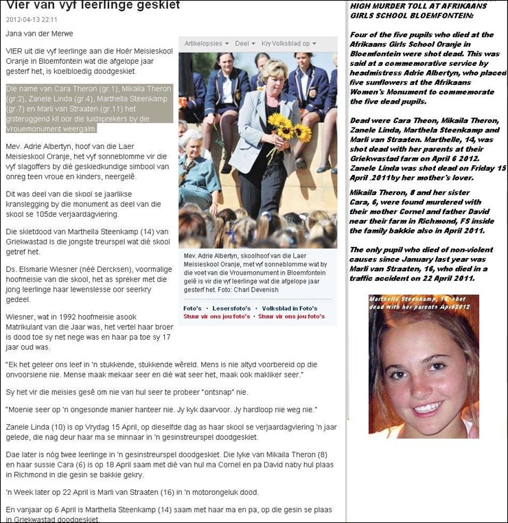 Oranje Primary Girl School FOUR OF FIVE GIRLS WHO DIED THIS YEAR WERE SHOT DEAD MarthellaSteenkamp ZeneleLinda MikailaTheron MarliVanStraaten Oranje Primary Girl School FOUR OF FIVE GIRLS WHO DIED THIS YEAR WERE SHOT DEAD MarthellaSteenkamp ZeneleLinda MikailaTheron MarliVanStraaten