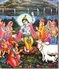 Krishna lifting Govardhana Hill
