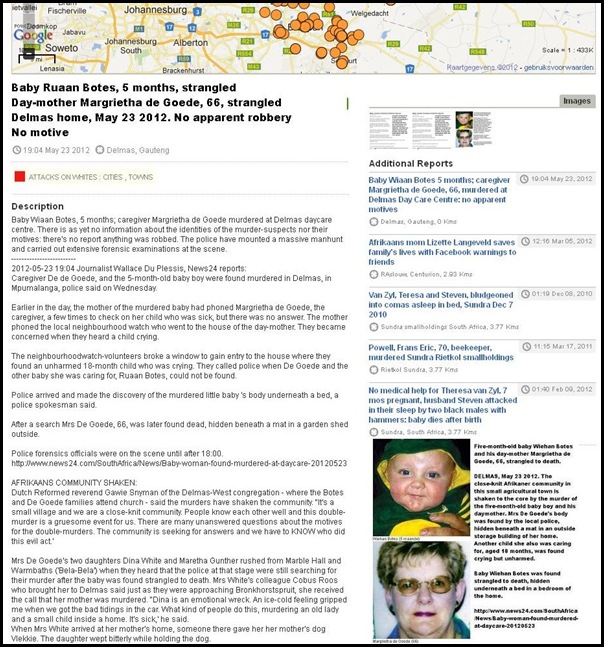DE GOEDE Margrietha 66 and baby Wiehan Botes 5 mos strangled DELMAS MAY 23 2012 FARMITRACKER
