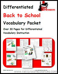 Differentiated Back to School Vocabulary Packet - 4 week long units for free