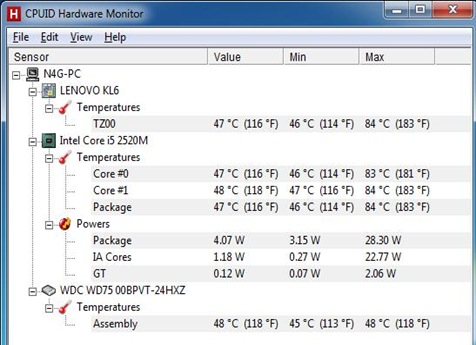 Lenovo IdeaPad z470 benchmark.temperature