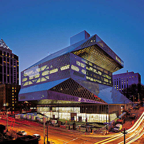 Seattle library at night