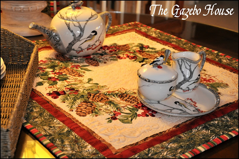 Sewing group with Chickadee quilt & tea set 031