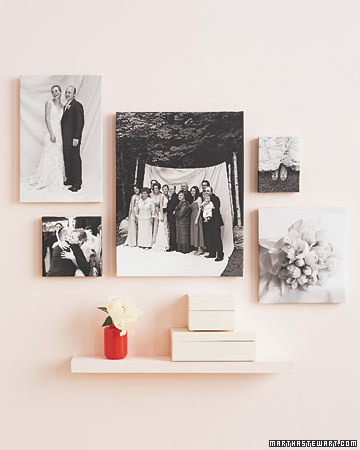 Think outside the frame. Here, we printed images on stretched canvases (ours are from Duggal) and mixed posed and candid shots for a nice contrast. Think outside the frame. Here, we printed images on stretched canvases (ours are from Duggal) and mixed posed and candid shots for a nice contrast.