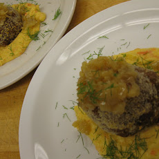 Polpettone with Onion-Shallot Jam over Creamy Root Vegetable Purée