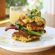 Corn Fritters With Crispy Bacon, Roasted Tomatoes & Avocado
