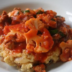 Caramelized Onion Polenta with Sausage and Cauliflower Ragu