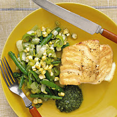 Cod with Beans, Corn, and Pesto