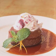 Mole Cake with Cherry-Almond Ice Cream, Tamarind Anglaise, and Orange Caramel