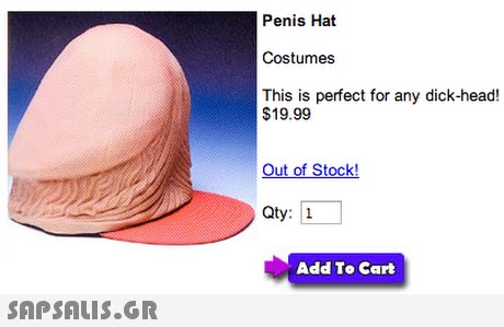 Penis Hat Costumes This is perfect for any dick-head! $19.99 Out of Stock! Qty: 1 Add To Cart 