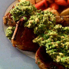 Chunky Sweet Pea, Pistachio, and Mint Pesto with Lamb Rib Chops