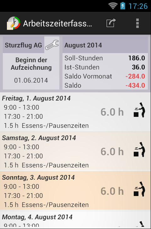 Android application Arbeitszeiterfassung screenshort