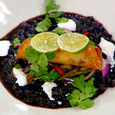 Grilled Flank Steak Taquitos with Black Bean Puree, Roasted Pepper Salsa and Cilantro-Tequila Cream