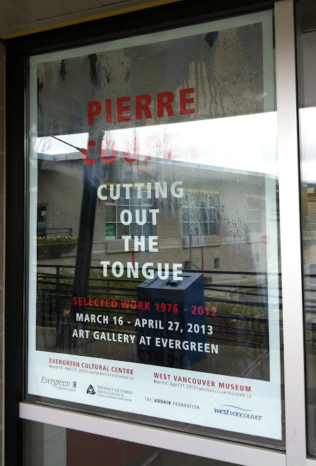 <p>
	Pierre Coupey<br />
	Cutting Out the Tongue:<br />
	Selected Work 1976-2012<br />
	<strong> Art Gallery at Evergreen</strong></p>
<p>
	Curators Darrin Morrison<br />
	&amp; Astrid Heyerdahl<br />
	West Vancouver Museum &amp;<br />
	Art Gallery at Evergreen<br />
	West Vancouver / Coquitlam<br />
	March-April 2013<br />
	Catalogue</p>
<p>
	Photography: Ted Clarke, Image This&nbsp;</p>

