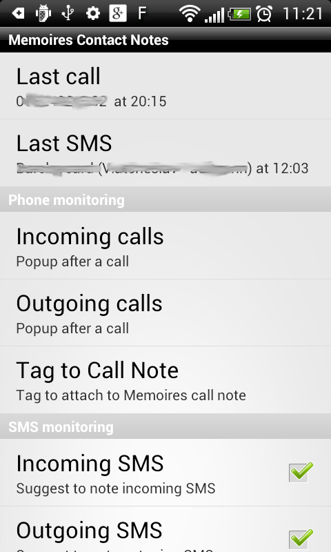 Android application Memoires Contact Note screenshort