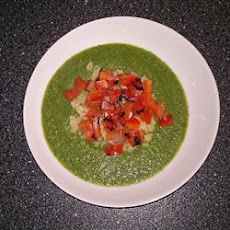 Puree of Green Things Soup with Quinoa and Pepper Relish