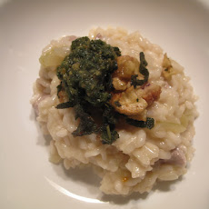 Pork & Cider Risotto with Sage Pesto and Fried Sage and Chestnut Topping