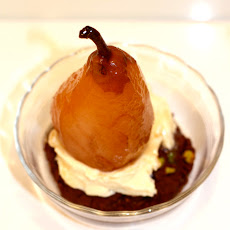 Pacherenc-Poached Winter Pears with Dark Chocolate & Salted Pistachio Cookies