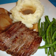 Grilled Hanger Steak with a Roasted Shallot Port Demi Sauce and Grilled Garlic Green Beans