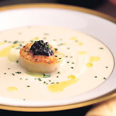 Cauliflower Soup with Seared Scallops, Lemon Oil, and American Caviar