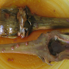 Post-holiday artichokes braised in sweetened red wine vinaigrette