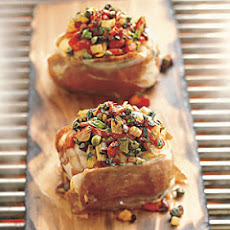 Cedar-Planked Monkfish with Fire-Roasted and Puttanesca Relish