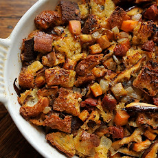 Ciabatta Stuffing with Chorizo, Sweet Potato, and Mushrooms