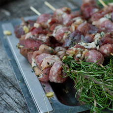 Grilled Rosemary Skewers of Steak Wrapped-In Pancetta and Sausage