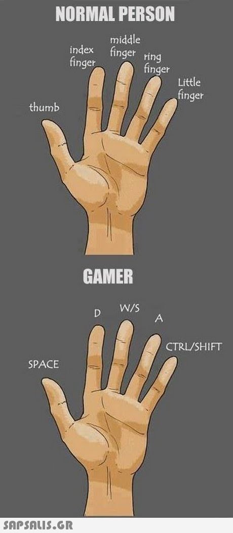 NORMAL PERSON middle index finger ring finger finger Little finger thumb GAMER D W/s CTRL/SHIFT SPACE 
