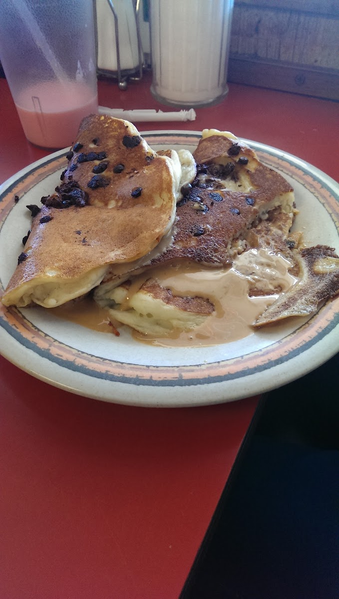 "Peanut Butter Cup" pancakes (& strawberry milk in background)
