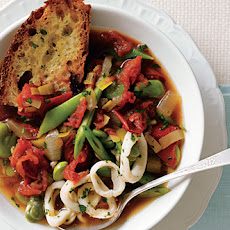 Late Summer Tomato Soup with Shell Beans,  Squid Rings and Parsley