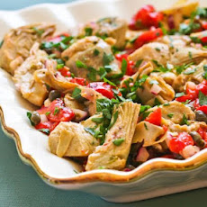 Warm or Cold Salad with Artichoke Hearts, Roasted Red Pepper, Capers, and Basil Dressing