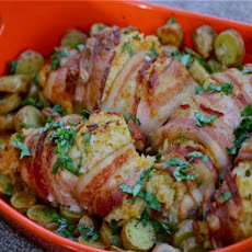 Bacon-Wrapped Chicken, Cheddar, and Jalapeno Parcels With Fingerling Potatoes