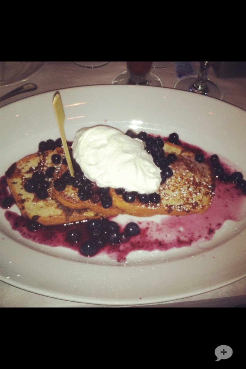 GF French toast with blueberries, fresh whipped cream & blueberry syrup