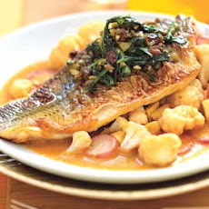 Striped Bass with Saffron Vegetables and Spiced Broccoli Rabe