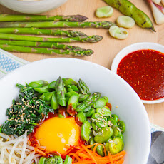 Spring Quinoa Bibimbap with Asparagus, Fiddleheads, Fava Bean and Ramps