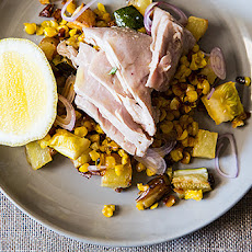 Poached Tuna with Warm Squash, Corn, and Potato Salad
