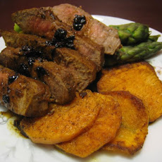 Peppered Sweet Potato Rounds with Marinated Tenderloin and Asparagus