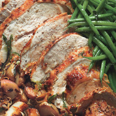 Roast Turkey Breast with Potatoes, Green Beans, and Mustard Pan Sauce