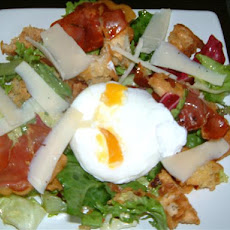 Warm Bread Salad of Crispy Pancetta, Parmesan and Poached Egg