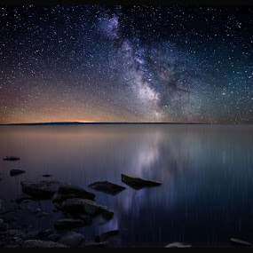 Lake Oahe by Aaron Groen - Landscapes Nightscapes ( reflection, pwcstars, bend recreation area, homegroen photography, bend, damn, aaron j. groen, central south dakota, pierre, lake, south dakota, milky way stars, milky way, pike haven, lake oahe, stars, resized with border to work on pixoto, missouri river, river )
