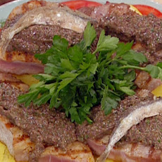 Tapenade of Anchovies, Black Olives, Capers and Parsley over Grilled Tuna Steak with Grilled Polenta