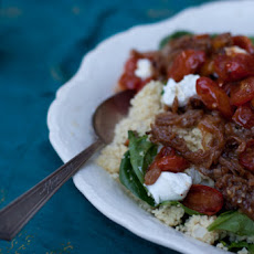 Beautiful Bulgar and Spinach Pilaf with Labneh and Chili Roast Tomatoes